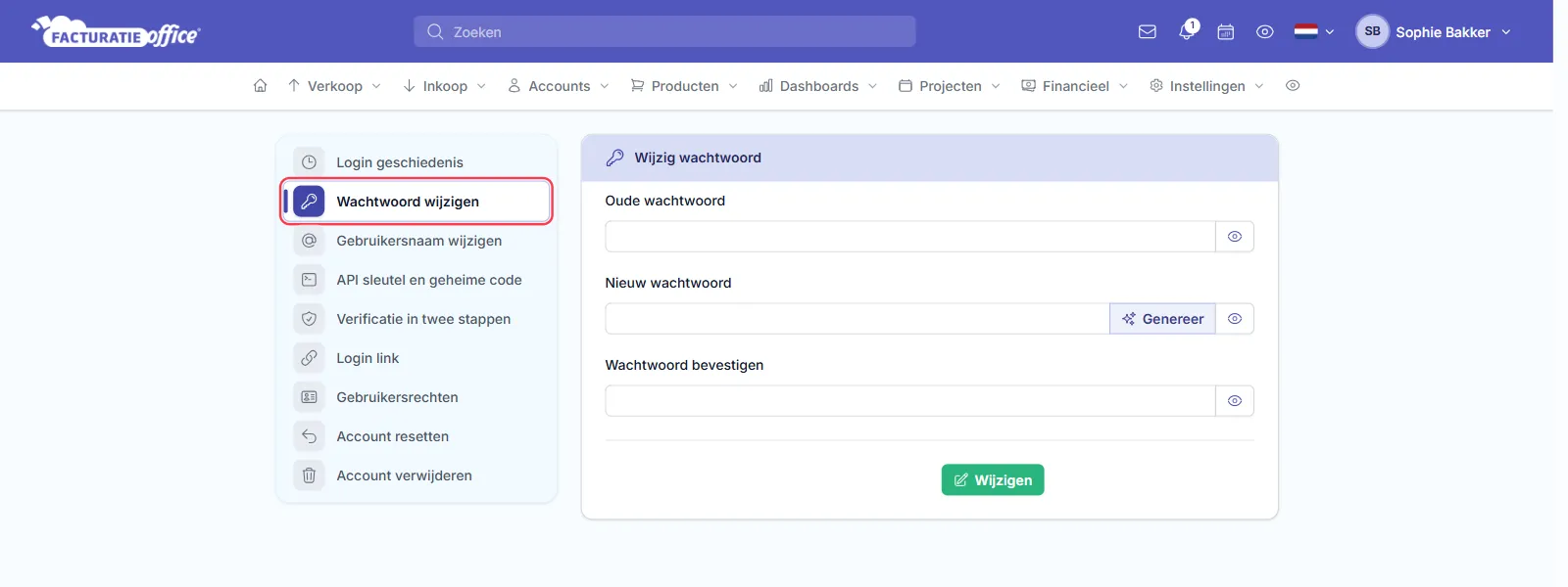 De pagina Wijzig wachtwoord in het Beveiligingscentrum van Facturatie Office, met links het menu Login geschiedenis, Wachtwoord wijzigen, Gebruikersnaam wijzigen, API sleutel en geheime code, Verificatie in twee stappen, Login link, Gebruikersrechten, Account resetten en Account verwijderen, en rechts de velden Oude wachtwoord, Nieuw wachtwoord met de knop Genereer en Wachtwoord bevestigen; het menu-item Wachtwoord wijzigen is rood omlijnd