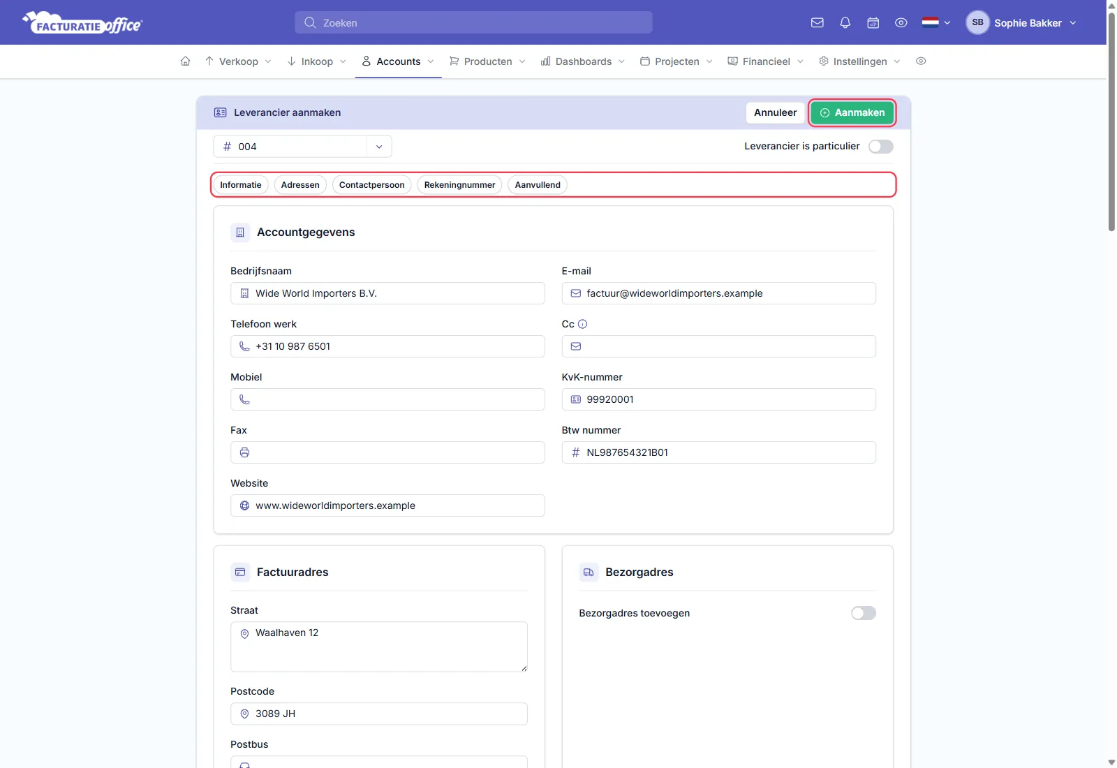 Het formulier Leverancier aanmaken in Facturatie Office met de accountgegevens van Wide World Importers B.V. — e-mail, telefoon, KvK-nummer, btw-nummer en website — en het factuuradres Waalhaven 12, 3089 JH Rotterdam; de knop Aanmaken en de onderdeelknoppen zijn rood omlijnd
