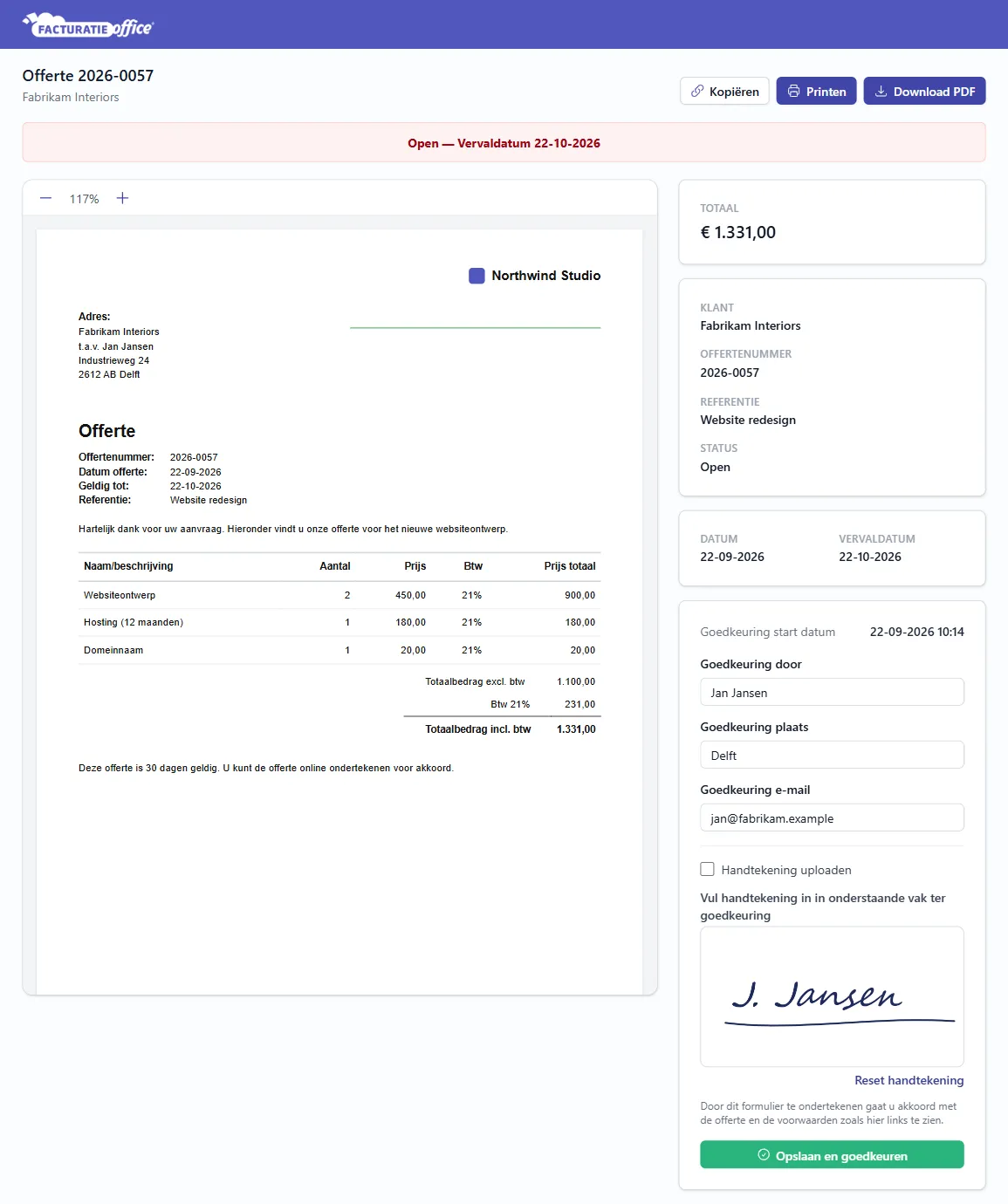 Online offerte voor de klant met digitale handtekening en de knop Opslaan en goedkeuren